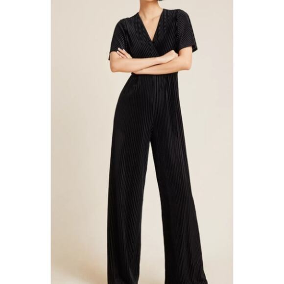 Anthropologie Hutch Paulina Velvet Jumpsuit Wide Leg Short Sleeve Black Stripe - Picture 1 of 9